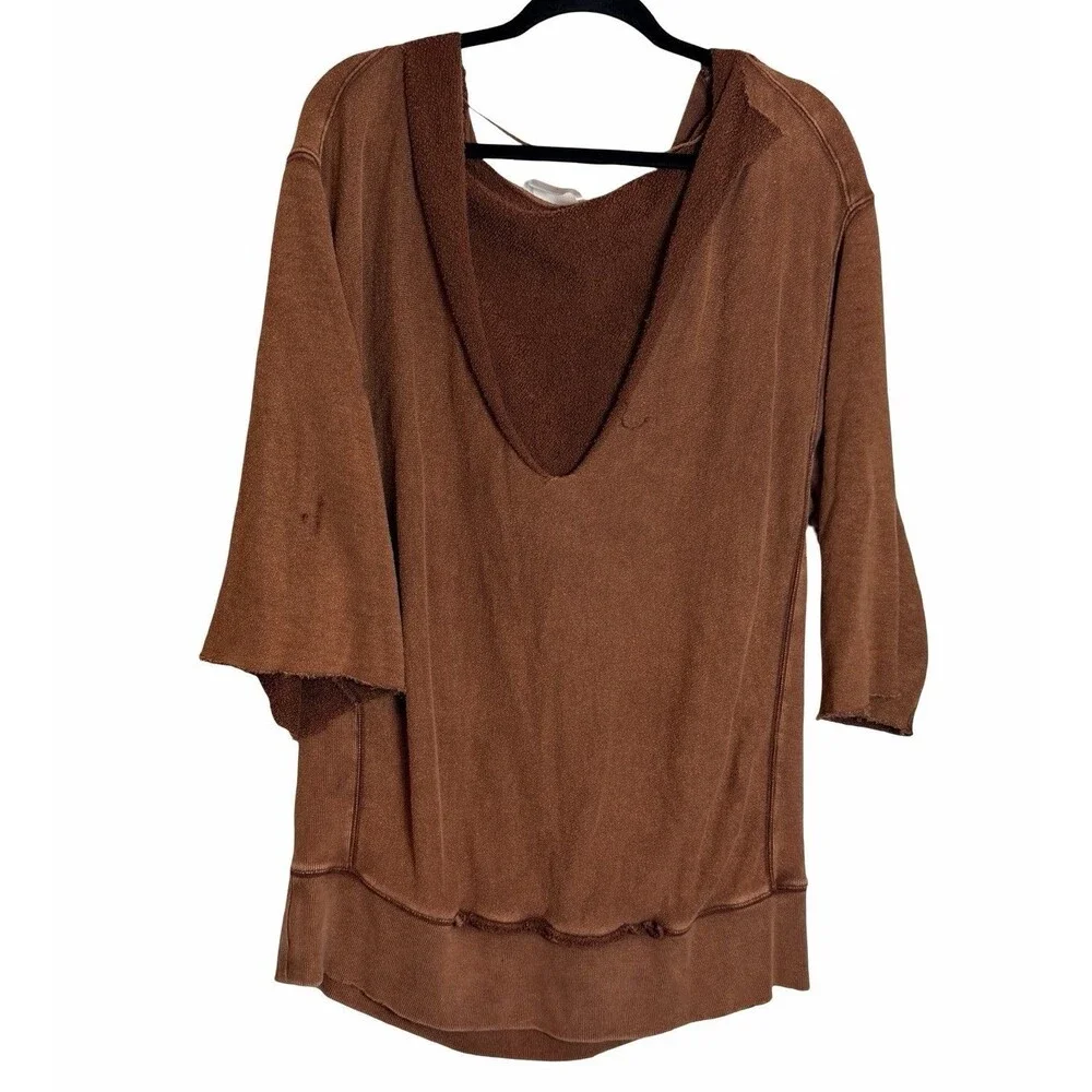 Free People Brown Hoodie Size L 3/4 Sleeve V Neck West Track Lagenlook Distress